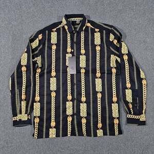 Baroque Gold Men's Chain and Lion Head Greek Key Print Button Down Shirt Small